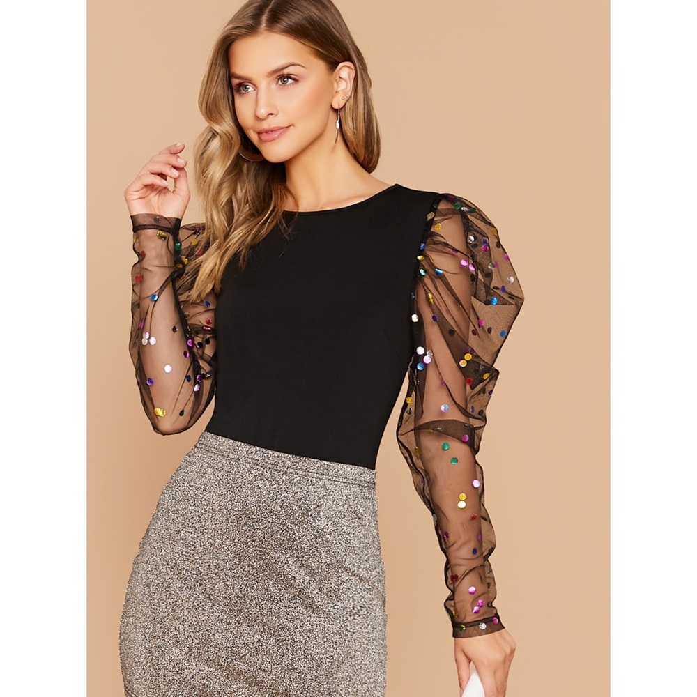 Black Mesh Shimmer Dots Gigot Sleeve Skinny Tee